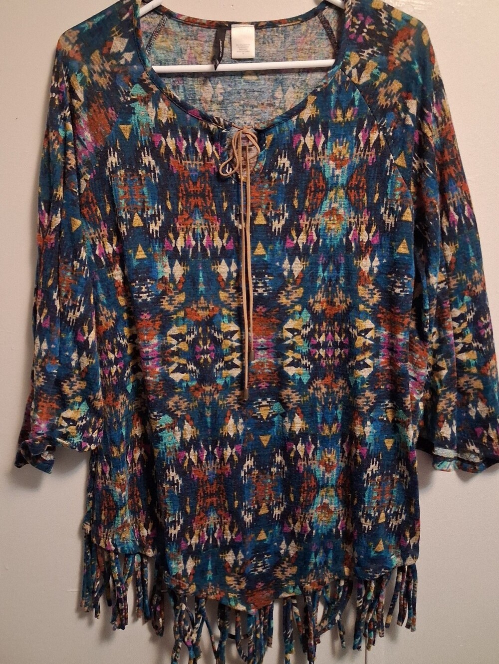 new directions Teal Multicolor Fringe Tie-Neck Tunic